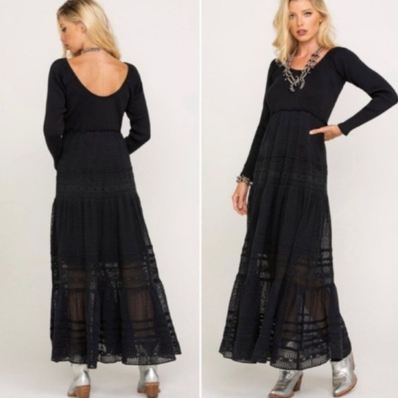 Free People Earth Angel Black rib knit swiss dot lace  Maxi Dress size L - Picture 5 of 17